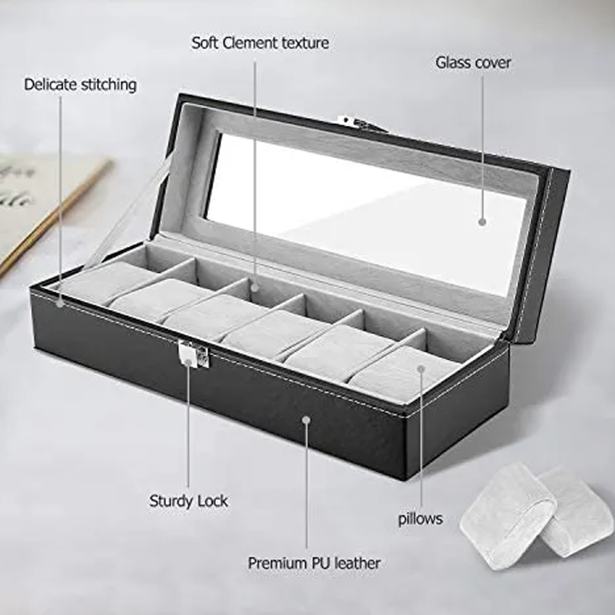 6 Slot Luxury Watch Box with Attractive Display Case, Creative Design for Storage and Gift Use. 