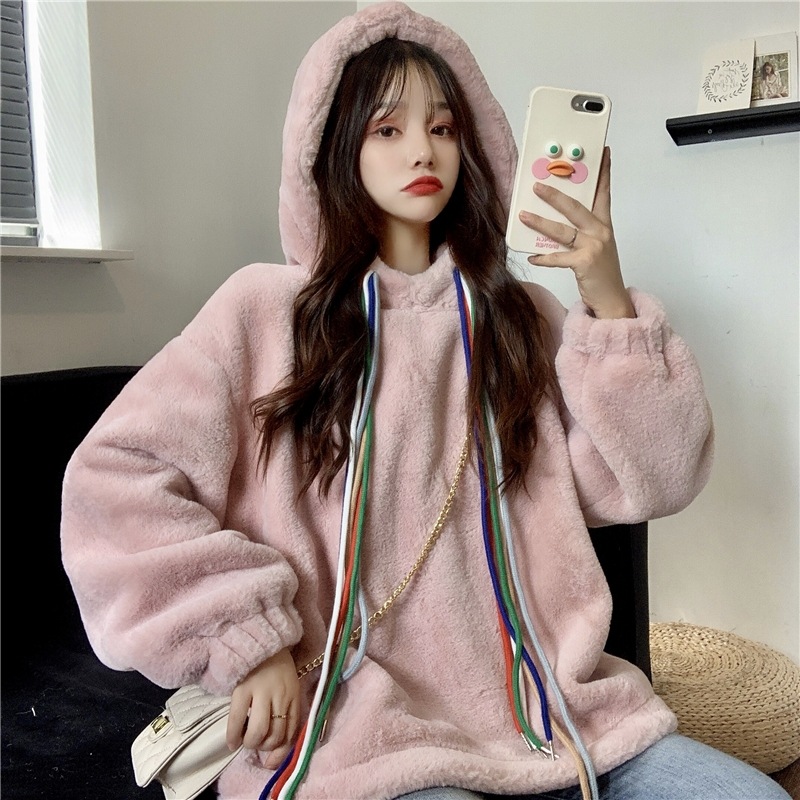 2024 Lambswool Hooded Sweatshirt Women's Autumn and Winter Thickened and Fleece Jacket Lazy Style Loose Korean Version Versatile. 