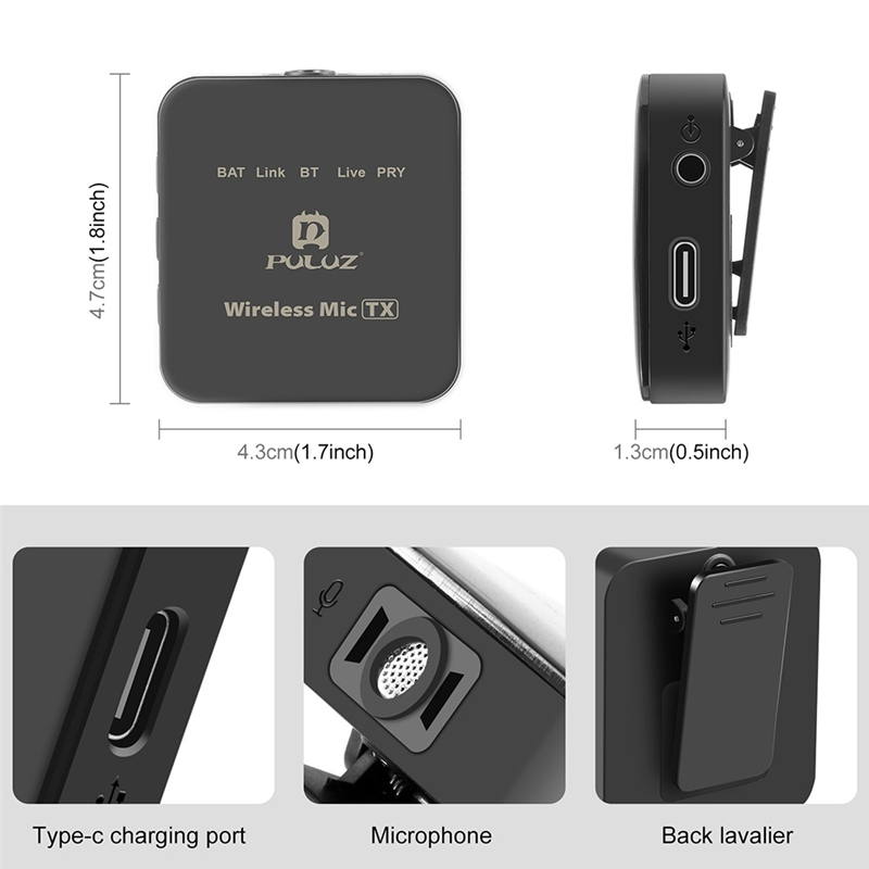 PULUZ Wireless Lavalier Microphone Black Wireless Lavalier Microphone C-One for Two (Rechargeable Version). 