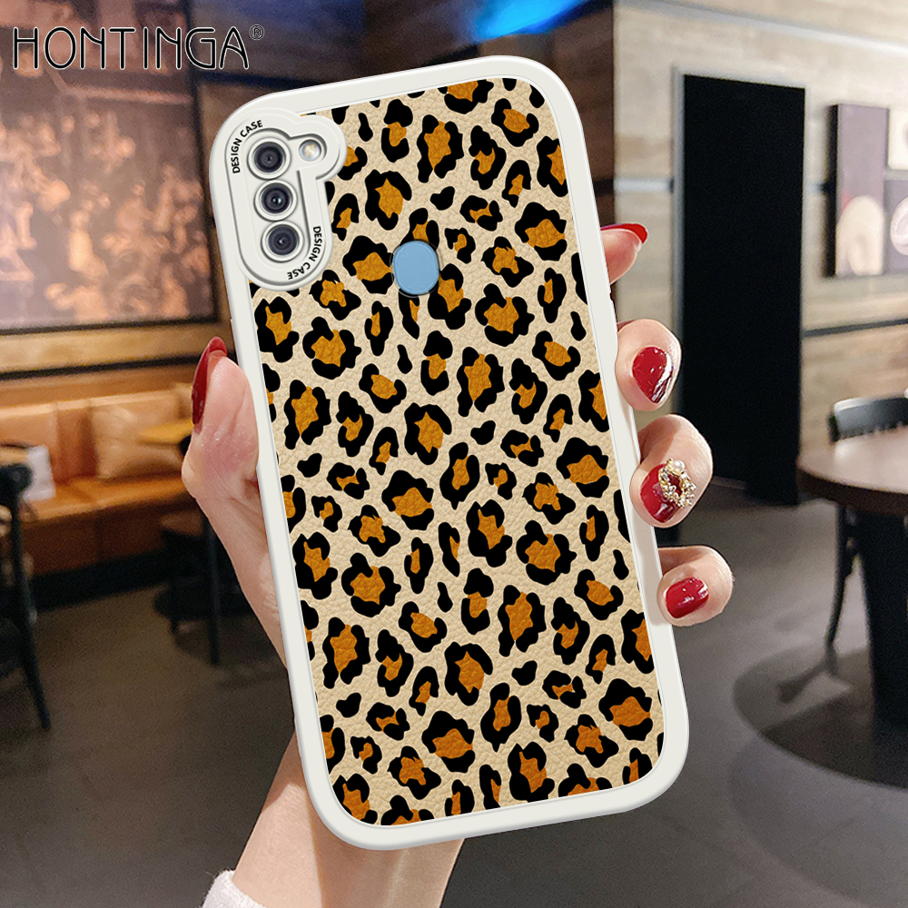 Hontinga for Samsung Galaxy A11 M11 Back Cover PU Leather Fashion Leopard Grain Case Soft Silicone Edge Phone Cases