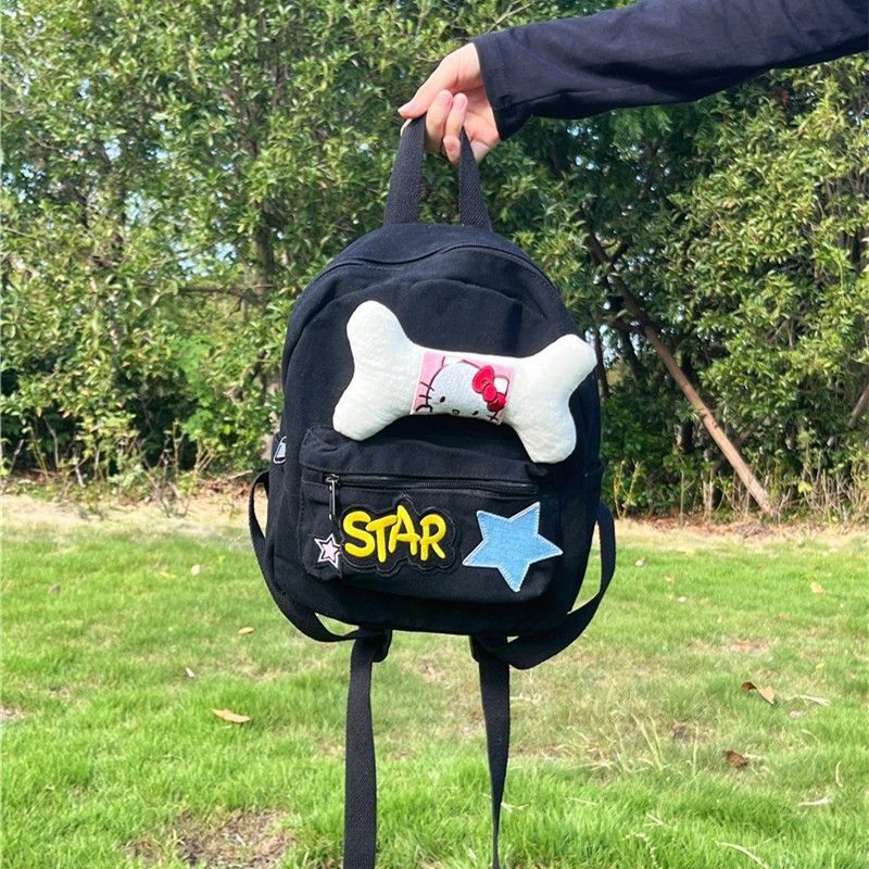 New Cute Bone Black Backpack Letter Design Niche Cartoon Animation Zipper Backpack