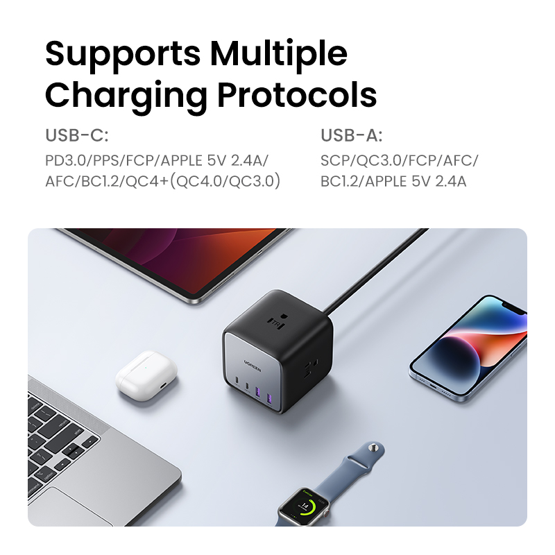 UGREEN 65W USB C Charger, DigiNest Cube GaN USB C Charging Station, Multiple Power Strip with 3 A-C Outlets, 2 USB C, 2 USB A, 6ft Extension Cord, Fast Charging for iPhone 14 Pro Max iPad MacBook Air. 