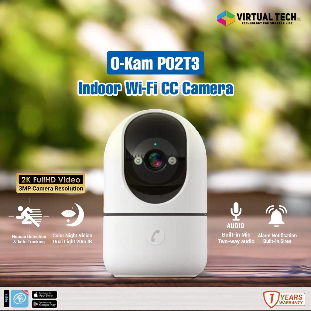 OKAM PRO P02T3 WIFI IP Camera 1080P HD Video 3MP Pan-Tilt 360 Degree Rotation Color Night Vision Two-Way Audio Motion Detection Smart Dual Light Built in Alarm. 