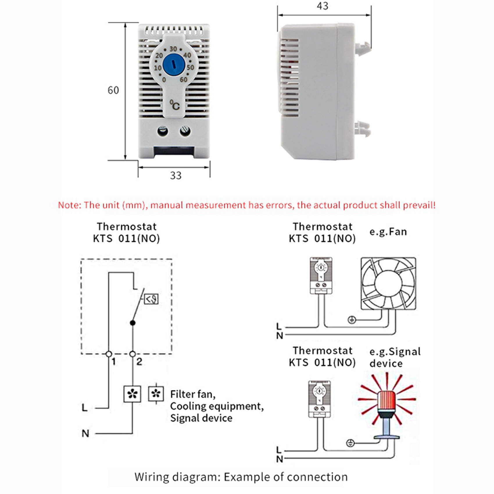 2X KTS011 NO Normally Open Adjustable Mechanical Temperature Controller Cabinet Thermostat Din Rail, for Cooling. 