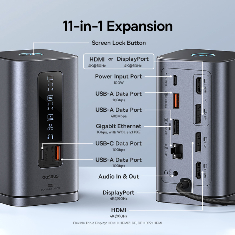 Baseus USB C Hub to DP 4K@60Hz HDMI DisplayPort 11-IN-1 Docking Station Triple Display RJ45 PD 100W For Window Mac USB 3.1 HUB. 