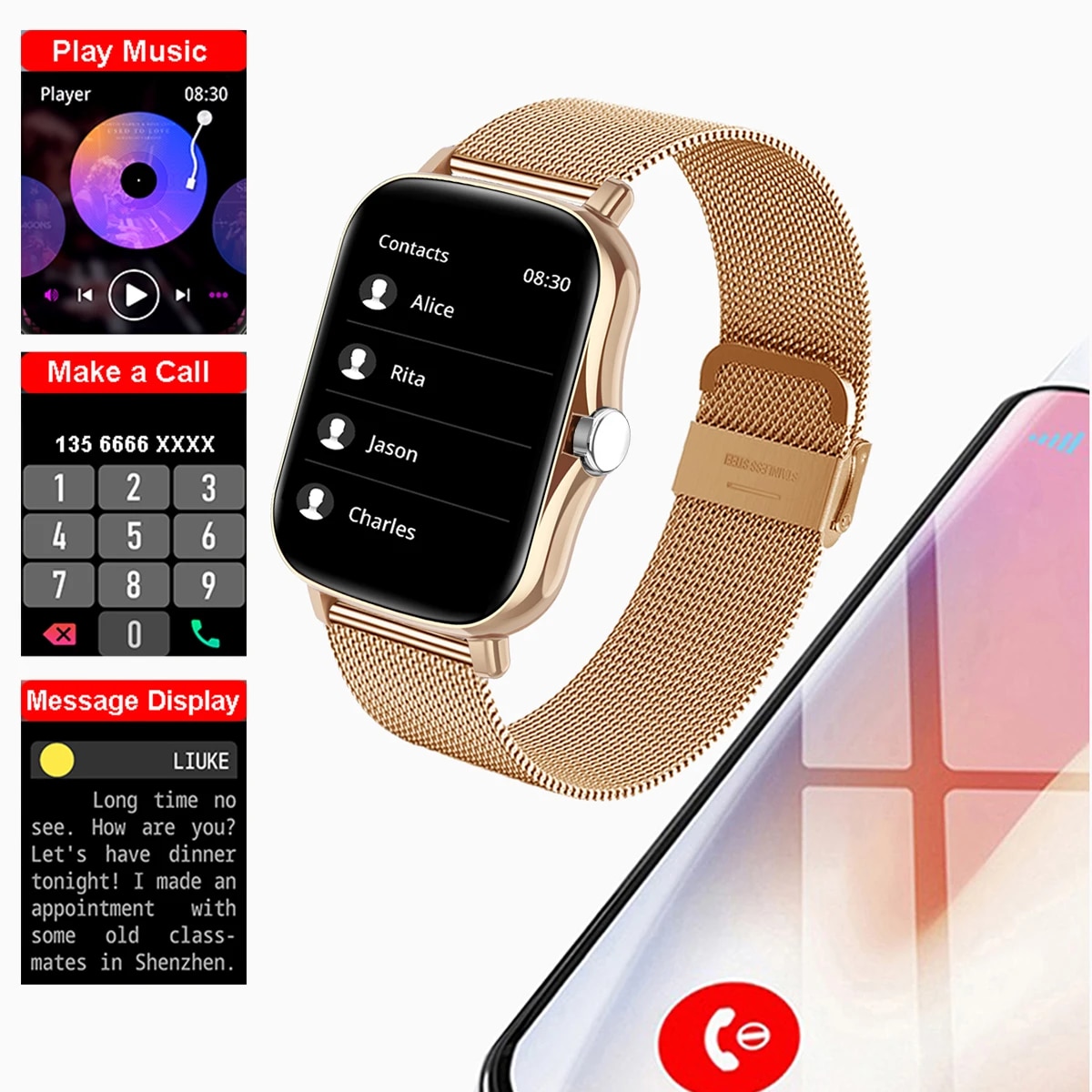 Rose Gold Color Smart Watch Women Men Smartwatch Heart Rate Smart Clock For Android IOS Fitness Tracker Dial Call Answer Call. 