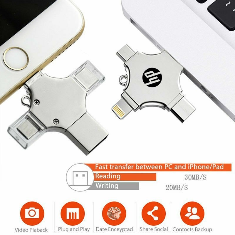 【100%Original+FREE Shipping+Ready Stock+COD】HP 2TB 4-in-1 flash drive USB 3.0 Memory Stick OTG Pendrive Fast Speed Type-C For i/O/S/Tablet/Android/Smartphone/PC. 