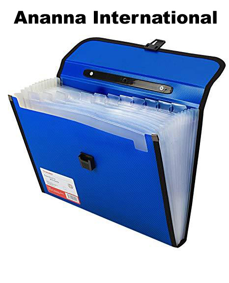 TRANBO Plastic File Folder with 13 Pockets, Handle, Index Tab, A4 Size (Blue). 