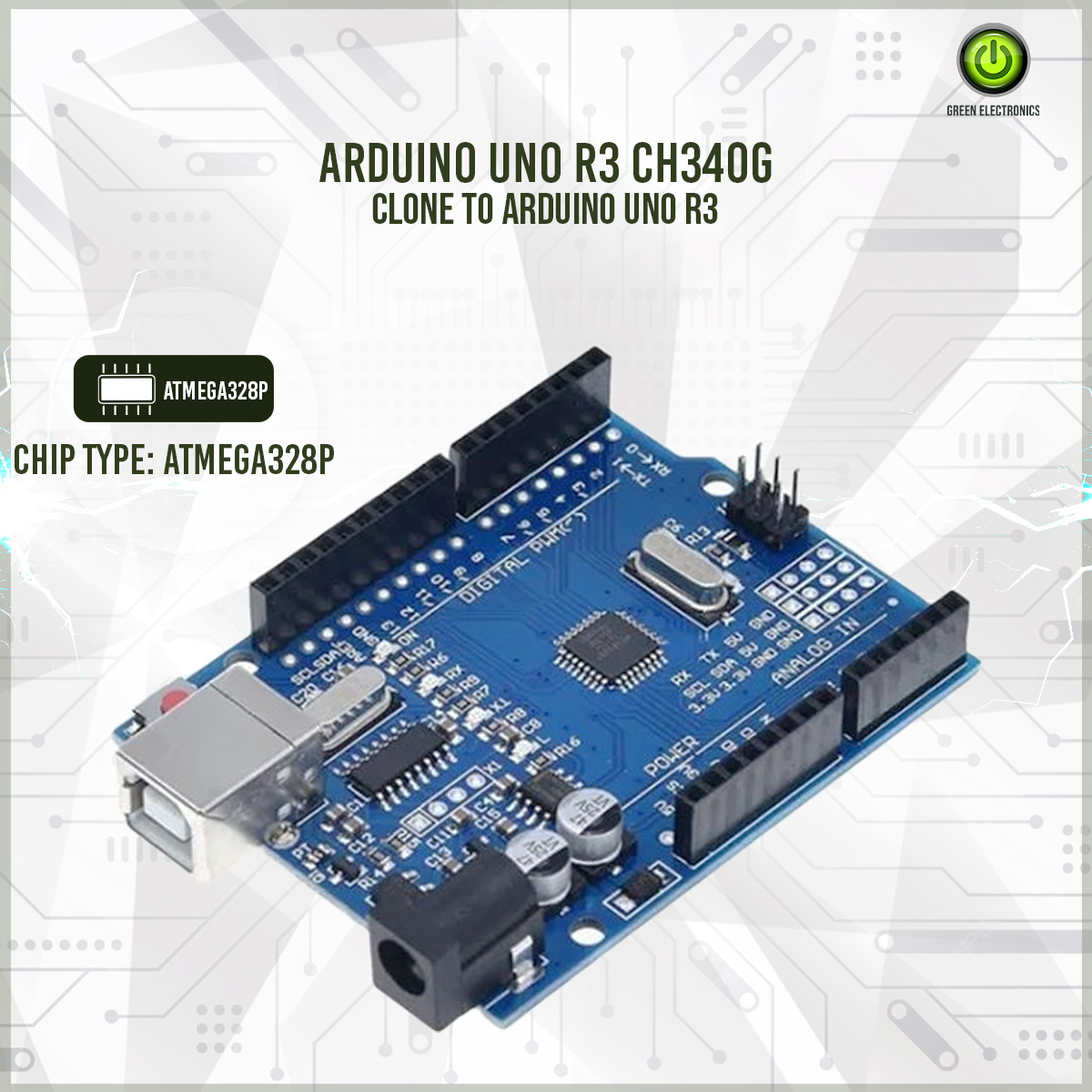 Arduino UNO R3 CH340G (Clone to Arduino UNO R3). 
