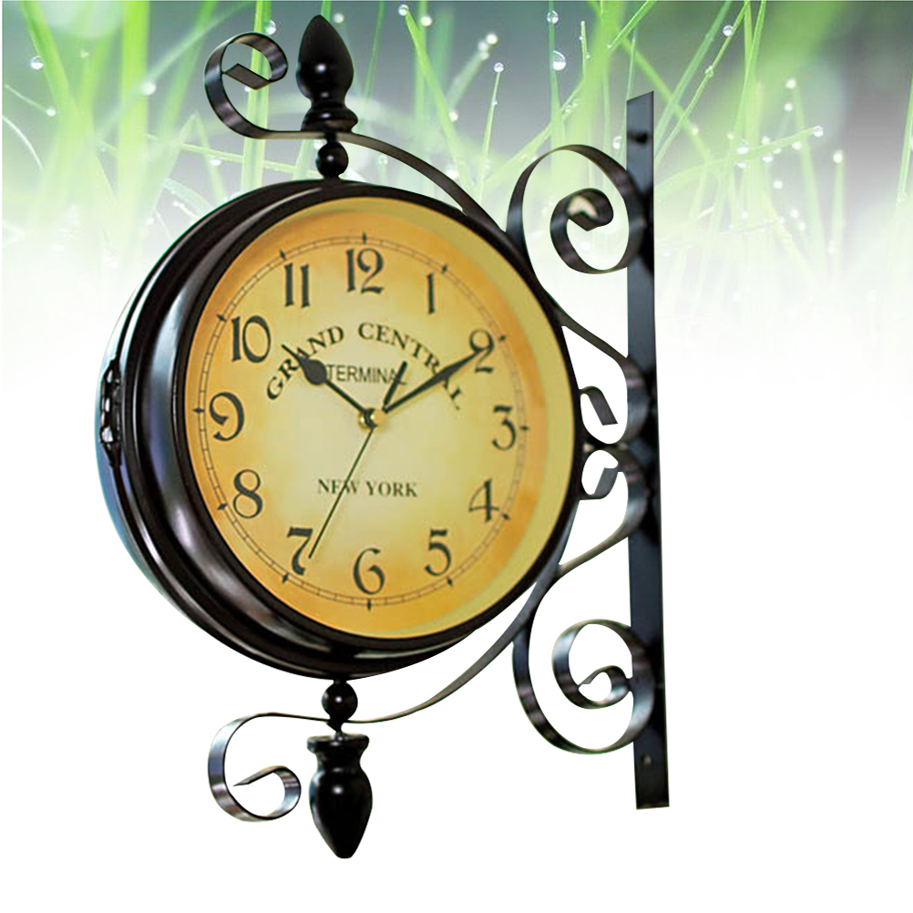 Silent Wall Clock Retro Hanging Clocks Double Sided European Style Train Station Two. 