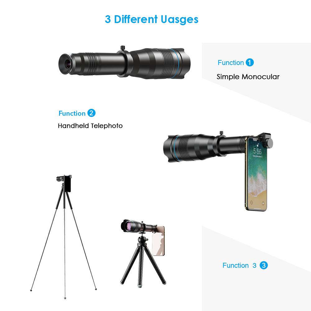APEXEL 28X 36X 60X Telescope Zoom Phone Camera Lens Telephoto Lens + Extendable Tripod For iPhone Smartphone Hunting Capming. 