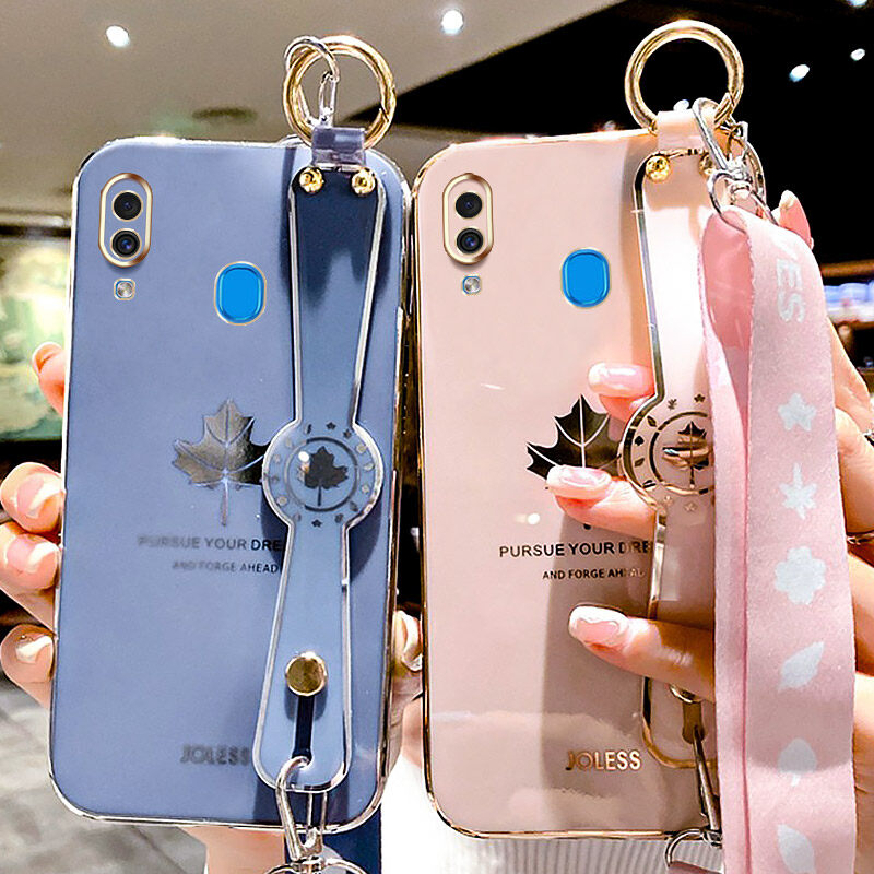 For Samsung Galaxy A30 A20 Back Cover with Lanyard + Wristband Fashion Shiny Maple Leaf Plating Bumper Stand Holder Case Camera Protection Soft Silicone Mobile Phone Cases. 