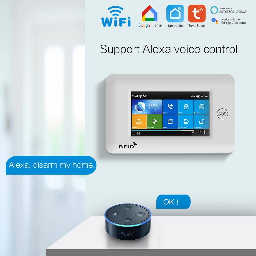 YUPA Burglar Home Security Alarm System 4.3 Inch Touch Panel WIFI GSM Wireless With Motion Sensor TUYA App Compatible With Alexa. 