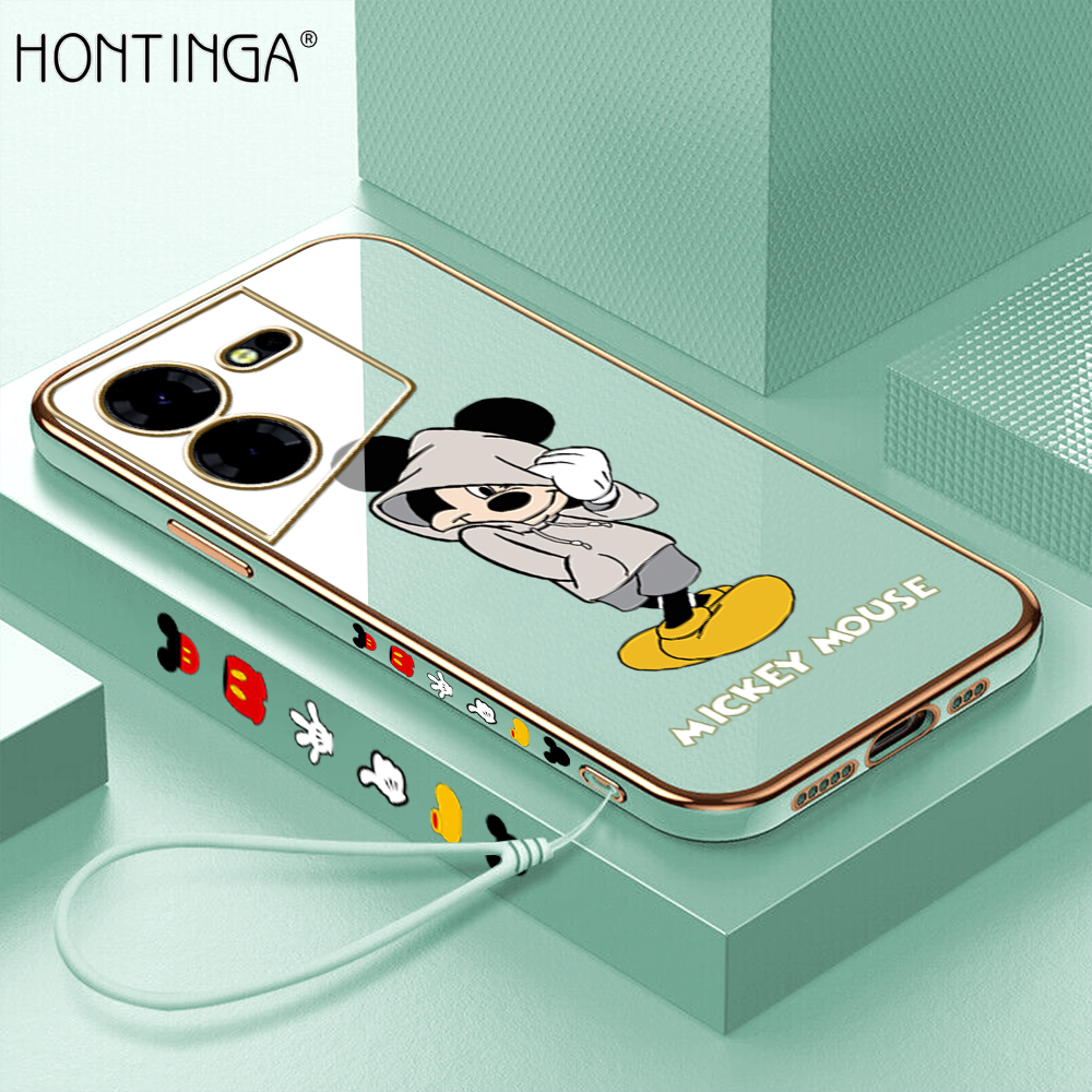 Hontinga for Tecno Pova 5 Pro 5G Back Cover With Free Strap Luxury 6D Plating Handsome Mouse Side Pattern Case Soft Silicone Square Mobile Cover