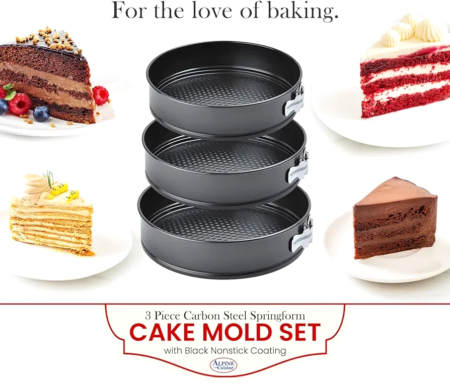 Spring Form Cake Mold 3pc Set (9.5in,10in,11in) - Carbon Steel Removable Bottom Bakeware Set - Multipurpose Use Baking Pans. 