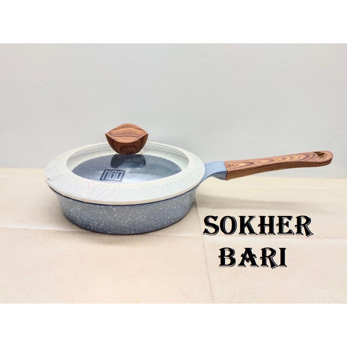 Mgc Marble Granite Non-Stick Anti Scratch Frying Pan 24Cm With Lid & Wood Handle. Deep Fry Pan With Glass Lid. C:P500