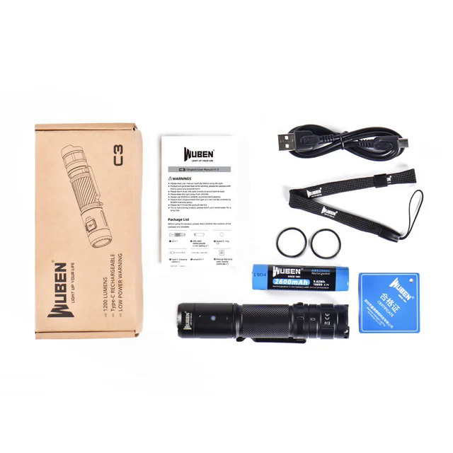 Wuben C3 type-C rechargeable LED flashlight high-powerful Troch light 1200lm with battery Waterproof camping lantern. 