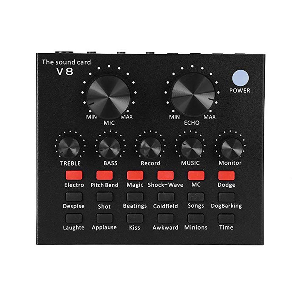 V8 Multifunctional Live Sound Card USB Audio Interface Intelligent Volume Adjustable Audio Mixer Sound Card for Recording Hosting Speech. 