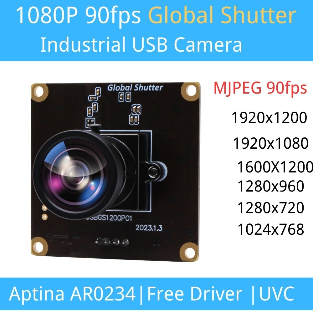 ELP Global Shutter 1080P 90fps High Frame Rate Aptina AR0234 Color Mini Webcam UVC USB Camera Module with No Distortion M12 Lens