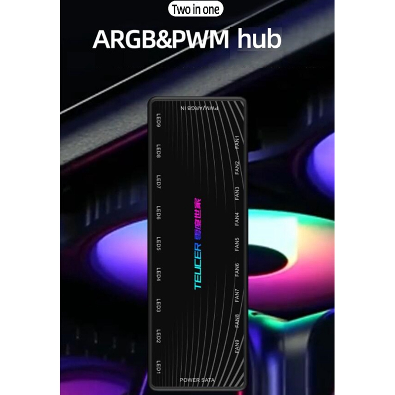 TEUCER 1 to 9 PWM & ARGB Fan HUB Splitter 4 Pin PWM 3 Pin Addressable RGB Adapter SATA Interface Concentrator for Desktop PC. 