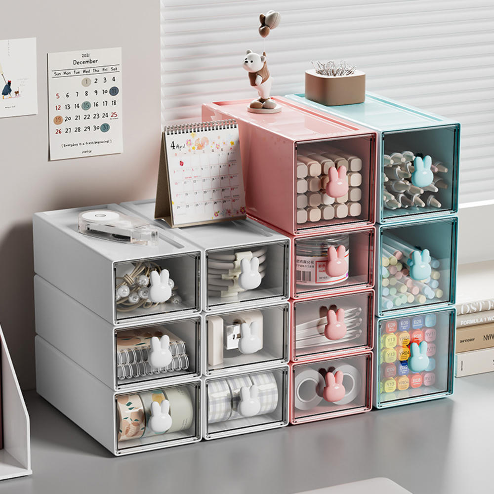 Cute Rabbit Storage Box Office Desktop Drawer Storage Box Student Transparent Stationery And Sundry Shelf - Vintage Choice. 