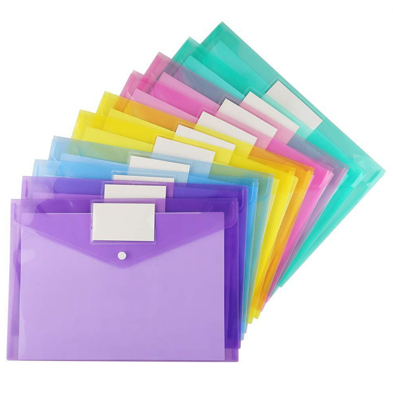 12Pcs Multi File Envelope PVC Snap Button File Bag 6 Colors A4 with Business Card Holder File Bag. 