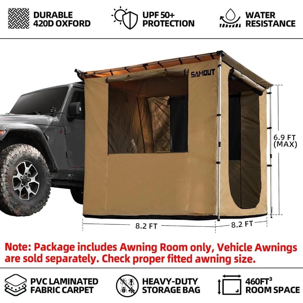 Camping Tent Vehicle Awning Room 8.2' X 8.2' Rip-Stop 420D Oxford Side Awning Changing Room With PVC Floor Carport Pergola Shade. 