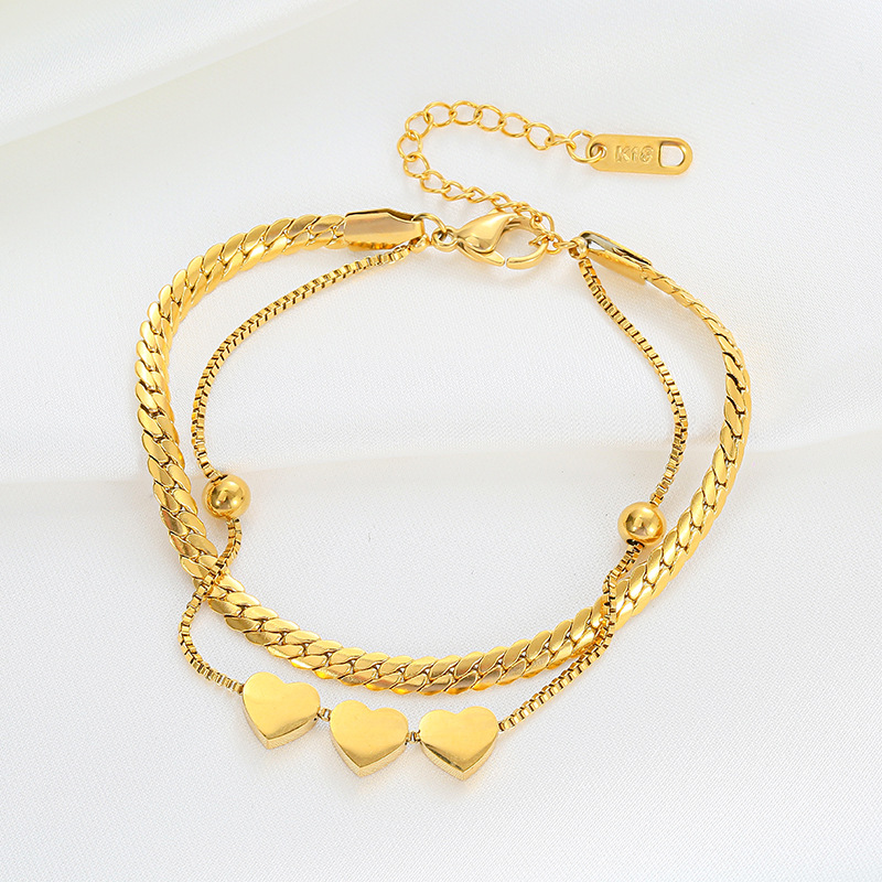 Non Tarnish Gold Plated Stainless Steel Charm Bracelet Minimalist Waterproof Multi-layer Snake Bone Chain Heart Pendant Bracelet