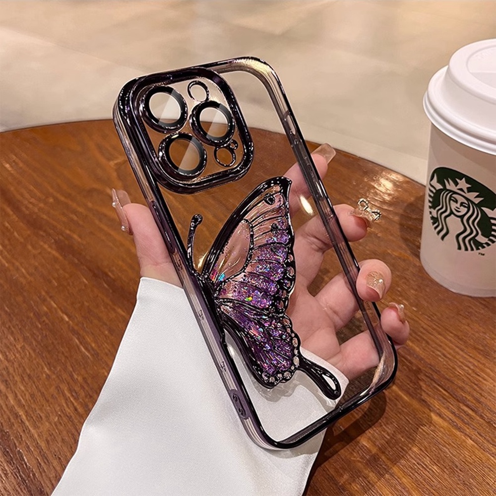 Gradient Glitter Butterfly Phone Case for IPhone 12 13 14 15 Pro Max Soft TPU Case with Camera Protector Shockproof Cover. 