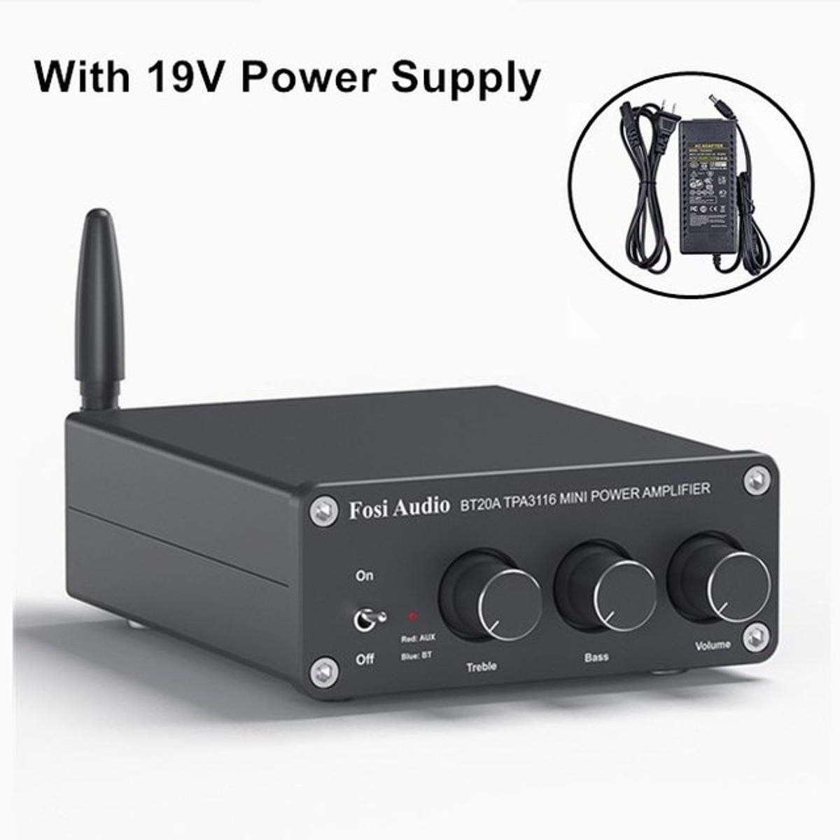 Fosi Audio BT20A Bluetooth TPA3116D2 Sound Power Amplifier 100W Mini HiFi Stereo Class D Amp Bass Treble For Theater - black add 24V power