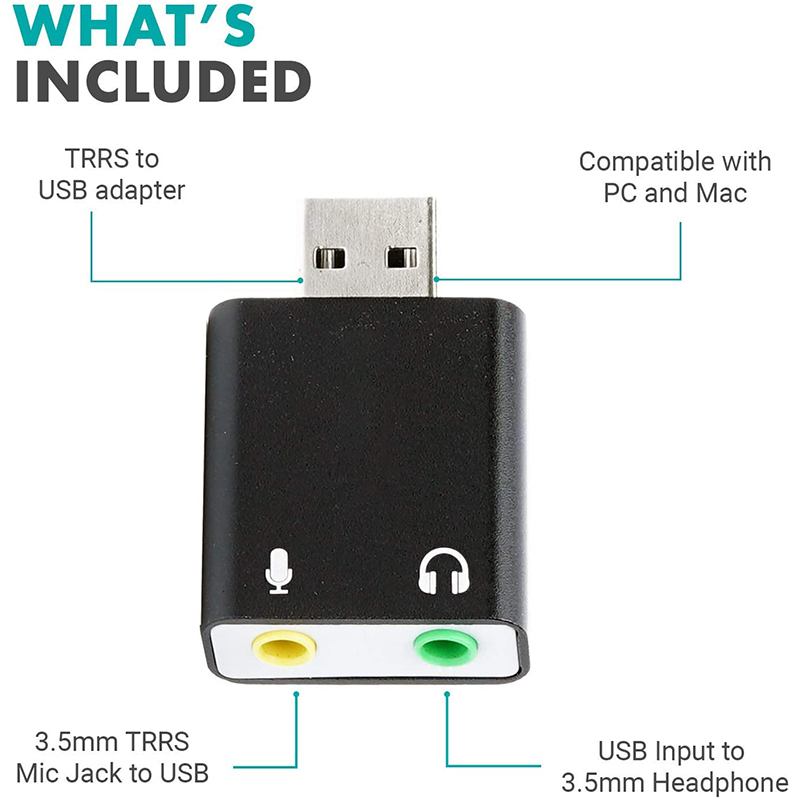 3.5mm TRS Microphone to USB 2.0 Stereo Audio External Sound Card Adapter for PC and USB Input to 3.5mm TRS Headphone. 