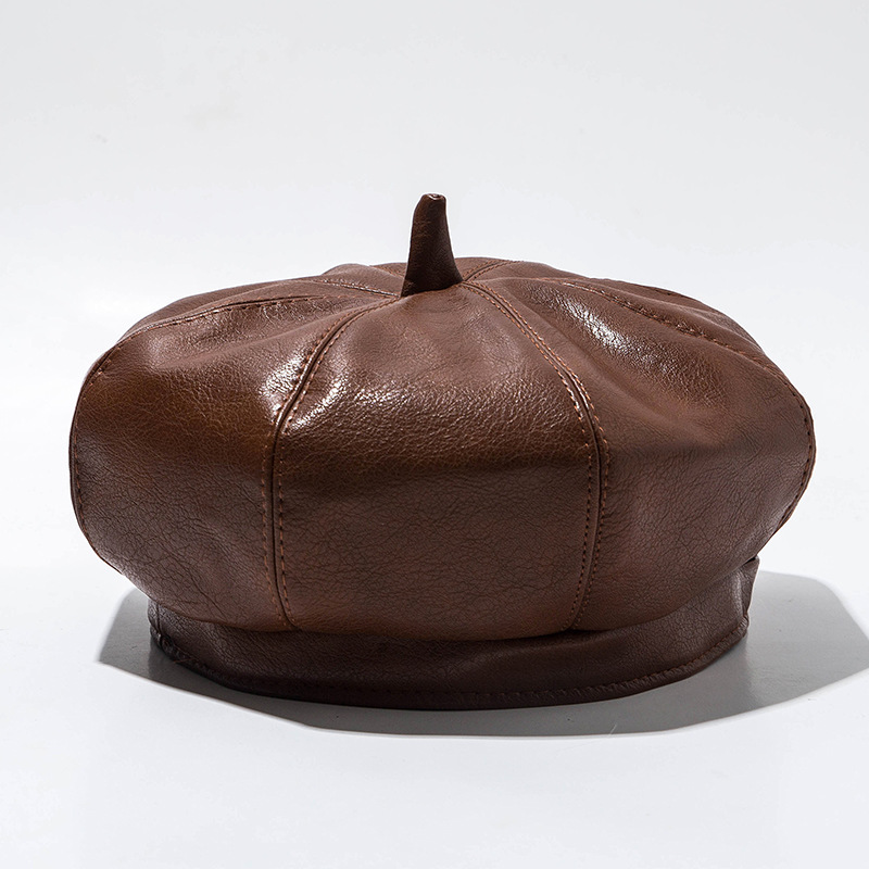 Retro Hong Kong style pu leather pumpkin beret women's fashion autumn and winter korean version big head circumference painter hat black octagonal hat