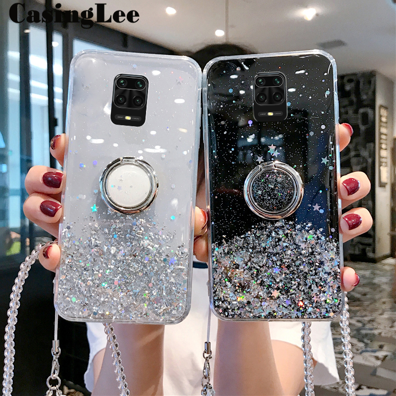 Casinglee for Redmi Note 9 Pro / Redmi Note 9 Pro Max case Shiny Ring Glitter Soft Transparent Holder Stand Back cover with String for Redmi Note9 Pro Max / Redmi Note9 Pro Phone cases cover Stars Moon Girls. 