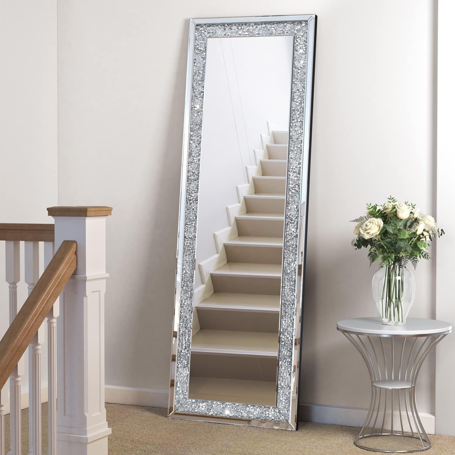 Full Length Mirror- 65 x 21.6 Crystal Crush Diamond Floor Mirror with Standing Silver Large Full Body Mirror