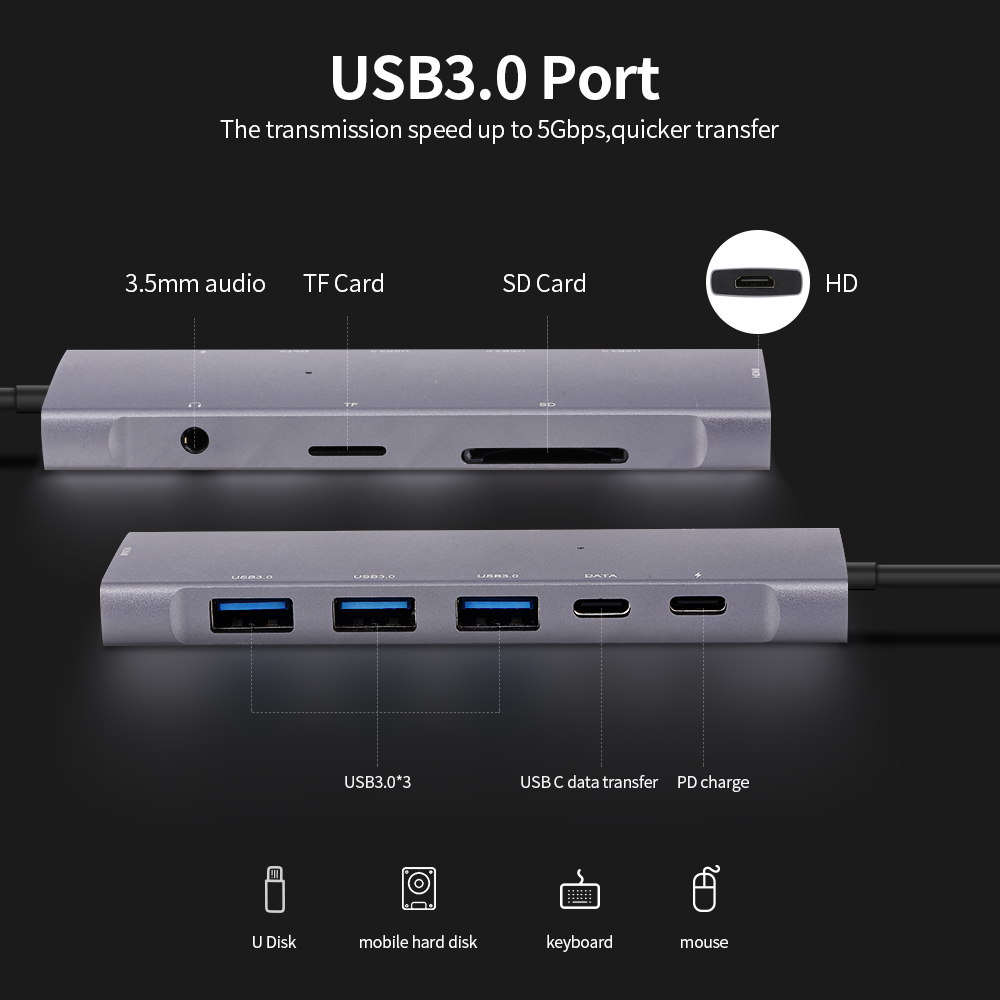 9-in-1 Multifunctional Type-C to 4K HD Hub PD Charge/Data Transfer/USB3.0/SD TF Card/HD/3.5mm Audio. 