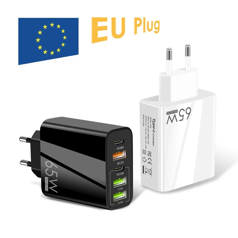 F002 65W 5-Port USB PD Charger 3USB-A+2USB-C PD QC3.0 Fast Charging Wall Charger Adapter EU Plug for 12 13 14 14 Pro Smart Phone. 