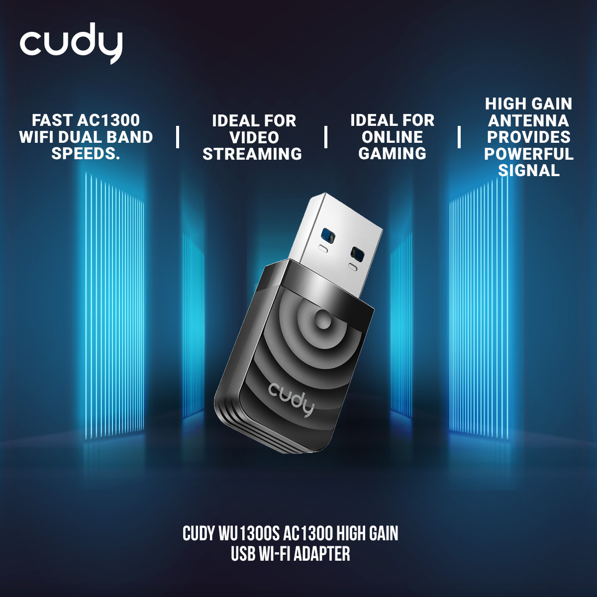 Cudy WU1300S AC1300 High Gain USB Wi-Fi Adapter - Upgrade to fast AC1300 WiFi speeds - Dual Band Ideal for video streaming and online gaming - High Gain Antenna provides powerful signal - Compatible with Windows 7/8/8.1/10, mac OS. 