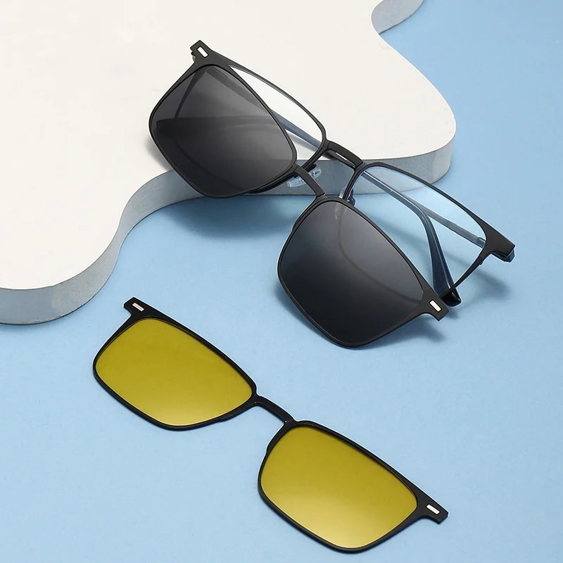 Multi-Use 3 In 1 Glasses Set Metal Blue Light Blocking Glasses with 2Pcs Magnetic Clips On Polarized/Night Vision Sunglasses New. 