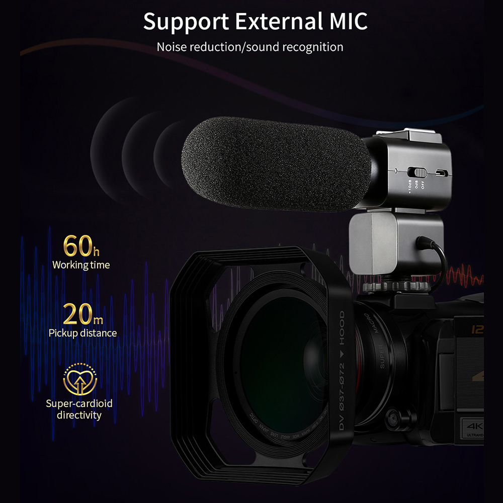 ORDRO AC5 4K WI-FI Digital Video Camera Camcorder Recorder DV 24MP 3.1 Inch IPS Touchscreen 12X Optical Zoom Time-Lapse Face Detection Anti-shake with 2pcs Lithium Batteries + 0.39X Wide Angle Lens + Lens Hood + External Microphone + Camera Holder. 
