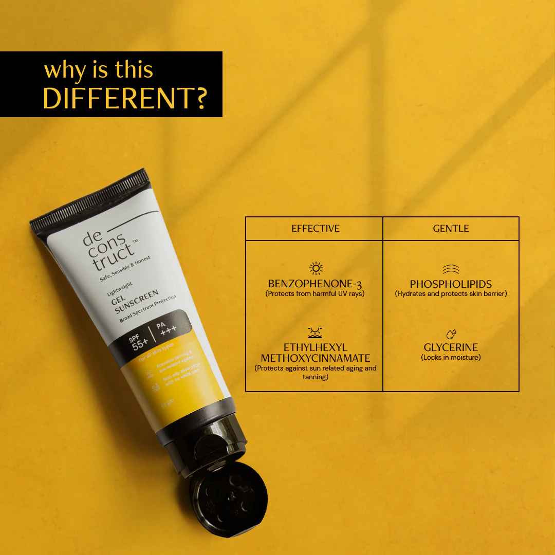 Deconstruct Face Gel Sunscreen SPF 55+ and PA+++ | Gel based sunscreen for oily skin, combination skin, normal skin | Broad spectrum sunscreen, No White Cast, Lightweight, Non greasy | Higher protection than sunscreen SPF 50 - 50g. 