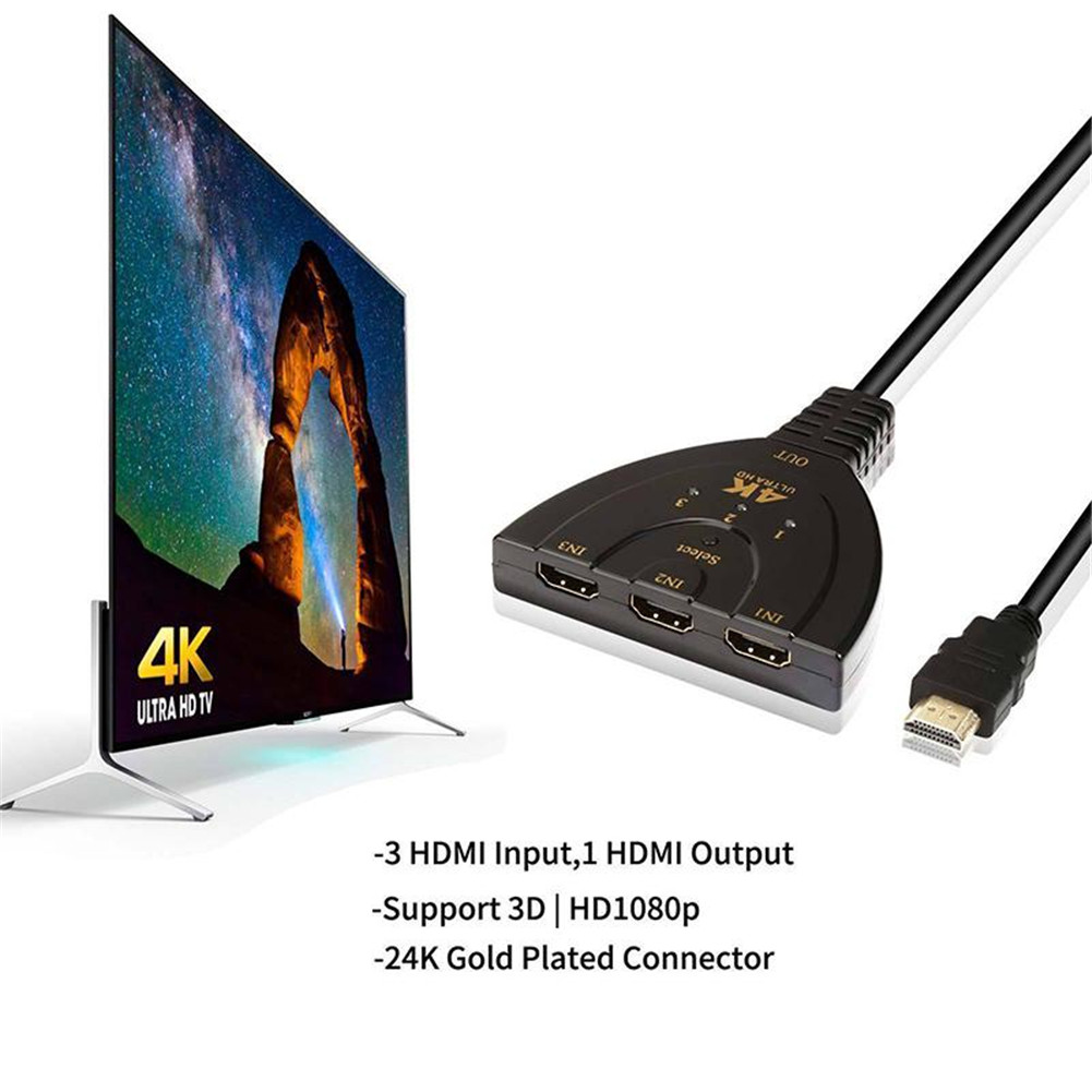for 3-Port HDMI Splitter Switcher with Pigtail Cable Supports 4K 2K 1080P 3D Player DVD HDTV 3-in 1-out Port Hub for Xbox PS3 PS4 R25. 