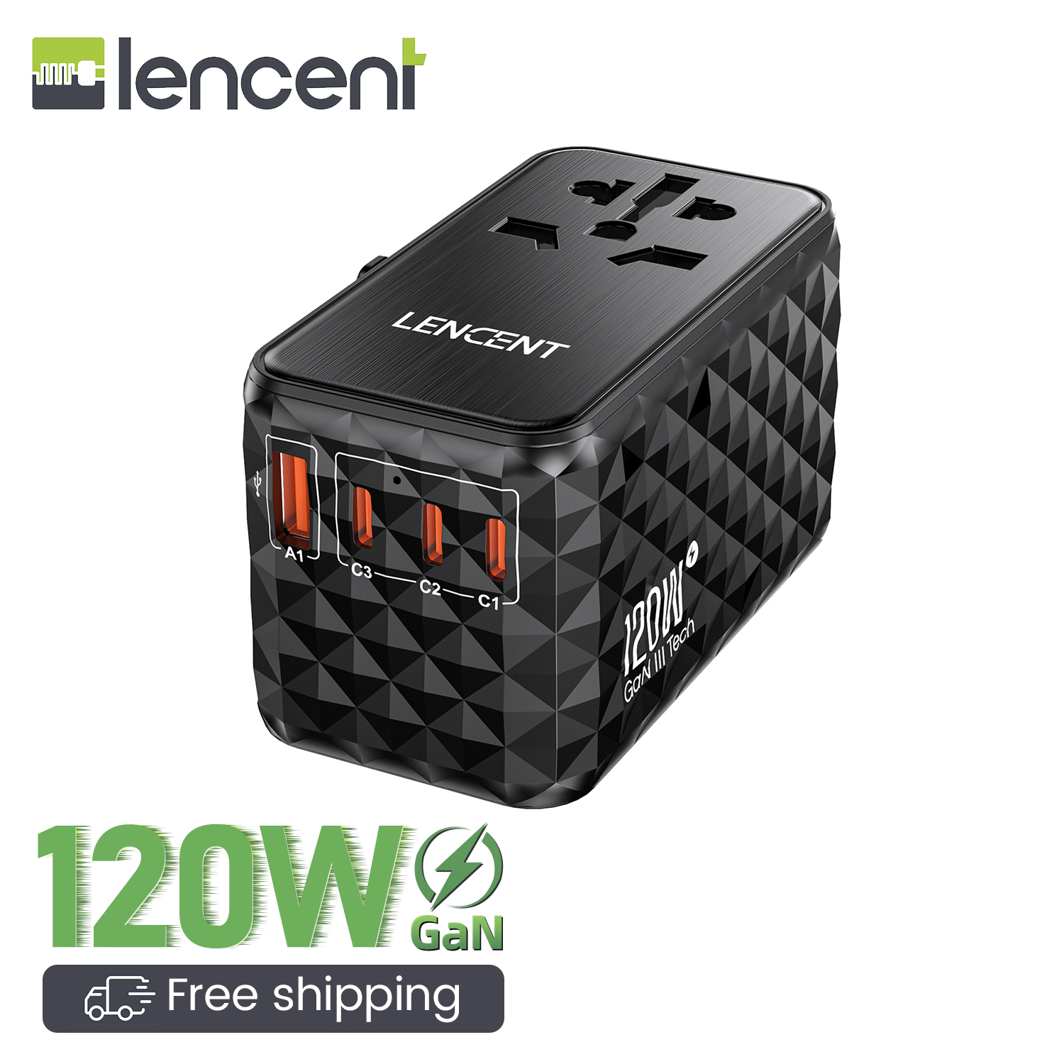 LENCENT 120W International Travel Adapter, GaN Universal Travel Adapter with 1 USB-A & 3 Type C Power Adapter, Fast Charger for Phone,Laptops, Worldwide Plug Adapter for USA/UK/EU/AUS, Black