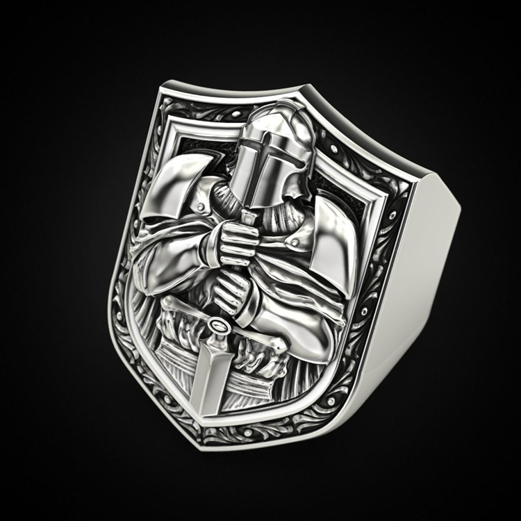 European and American cross-border jewelry, trendy shield-shaped -holding knight ring for men, simple, fashionable and personalized retro metal ring