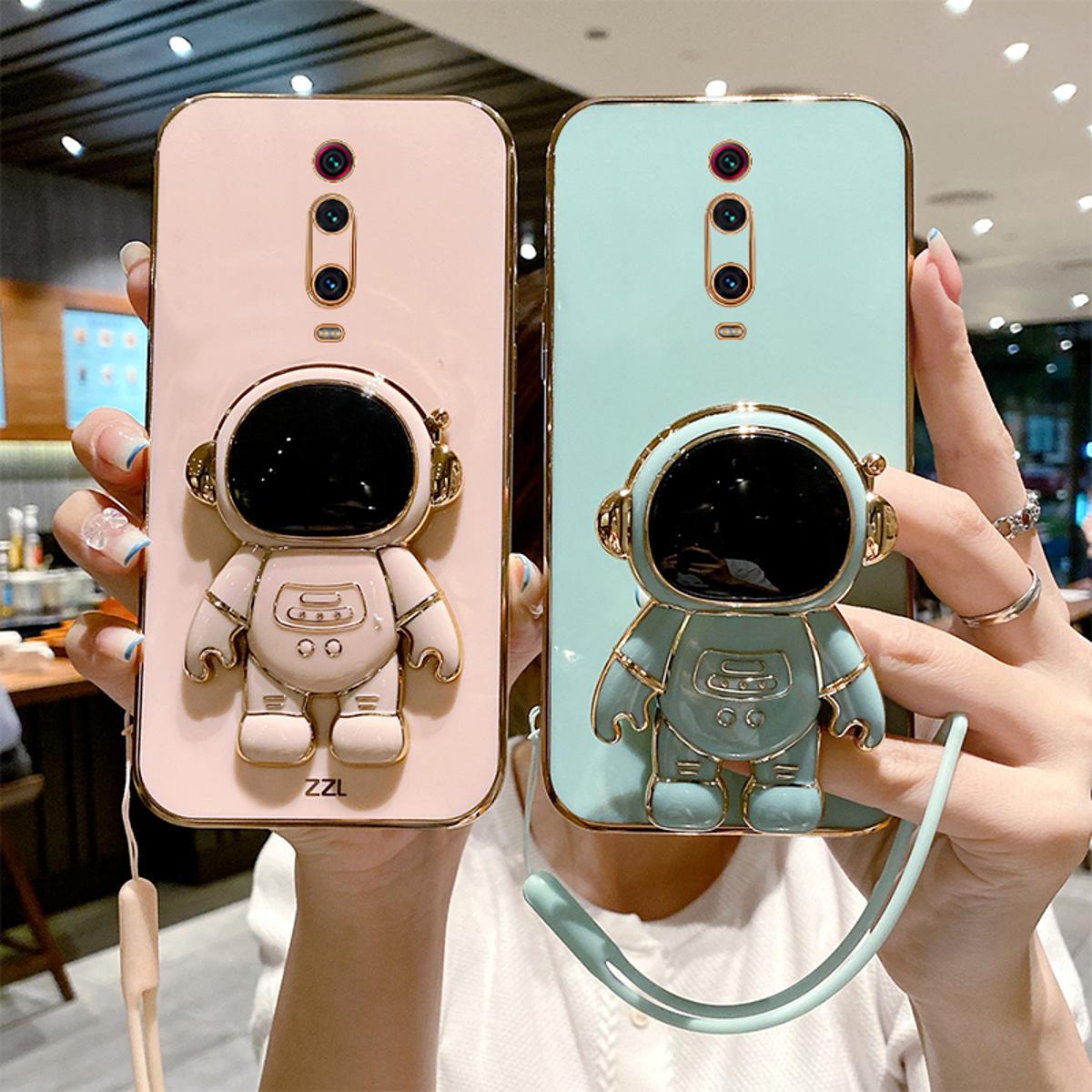 COROGI for Xiaomi Mi 9T / 9T Pro Back Cover Cute Cartoon Astronaut Folding Stand Luxury 6D Plating Square Frame Shiny Cases Soft Silicone Protective Phone Case with Lanyard. 