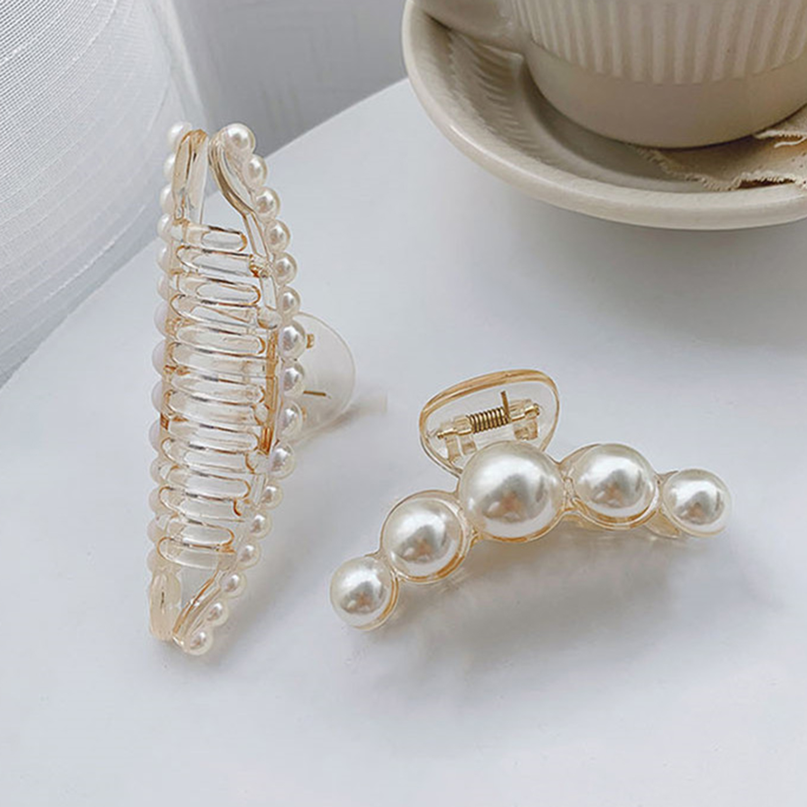 Shxx Faux Pearls Decor Banana Hair Claw Clip Styling Barrette Accessory