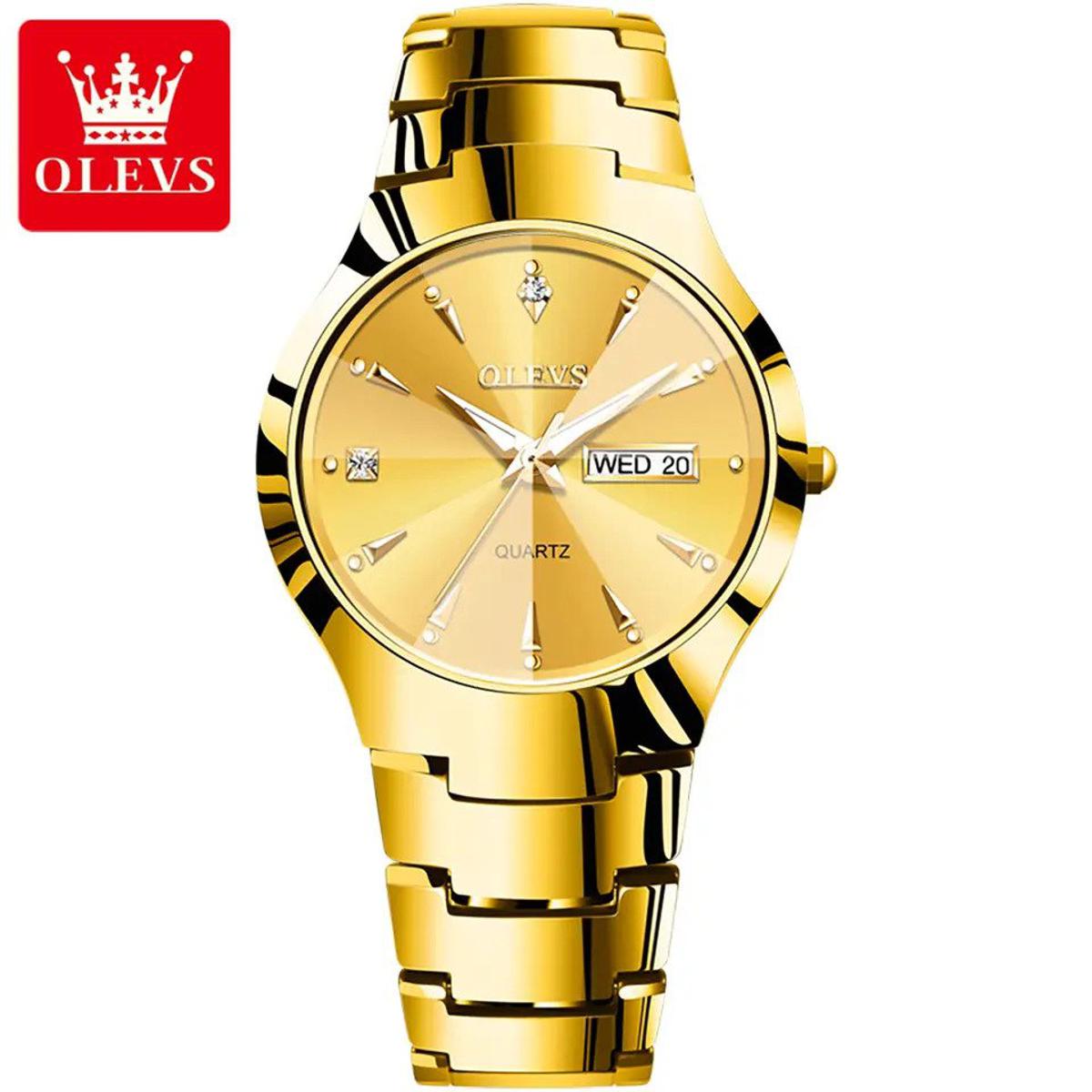 Olevs 8697 Golden Tungsten Steel Analoge Wrist Watch For Men