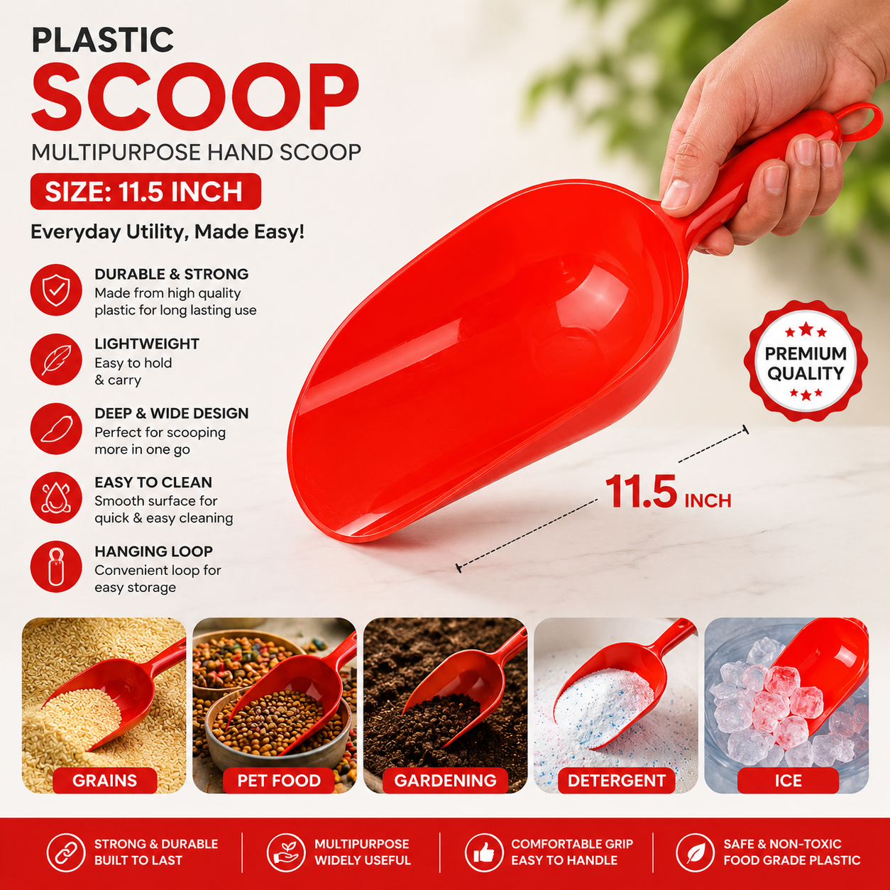 Premium Durable Polypropylene Scoop 11.5" for Garden & Lawn Maintenance