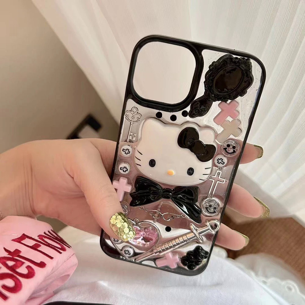 【Emotion HENG】Sanrio 3D Hello Kitty with bracelet clear phone case for iPhone 15 14 13 12 11 pro Max 15pro anti-fall back cover Y2K girl gift. 