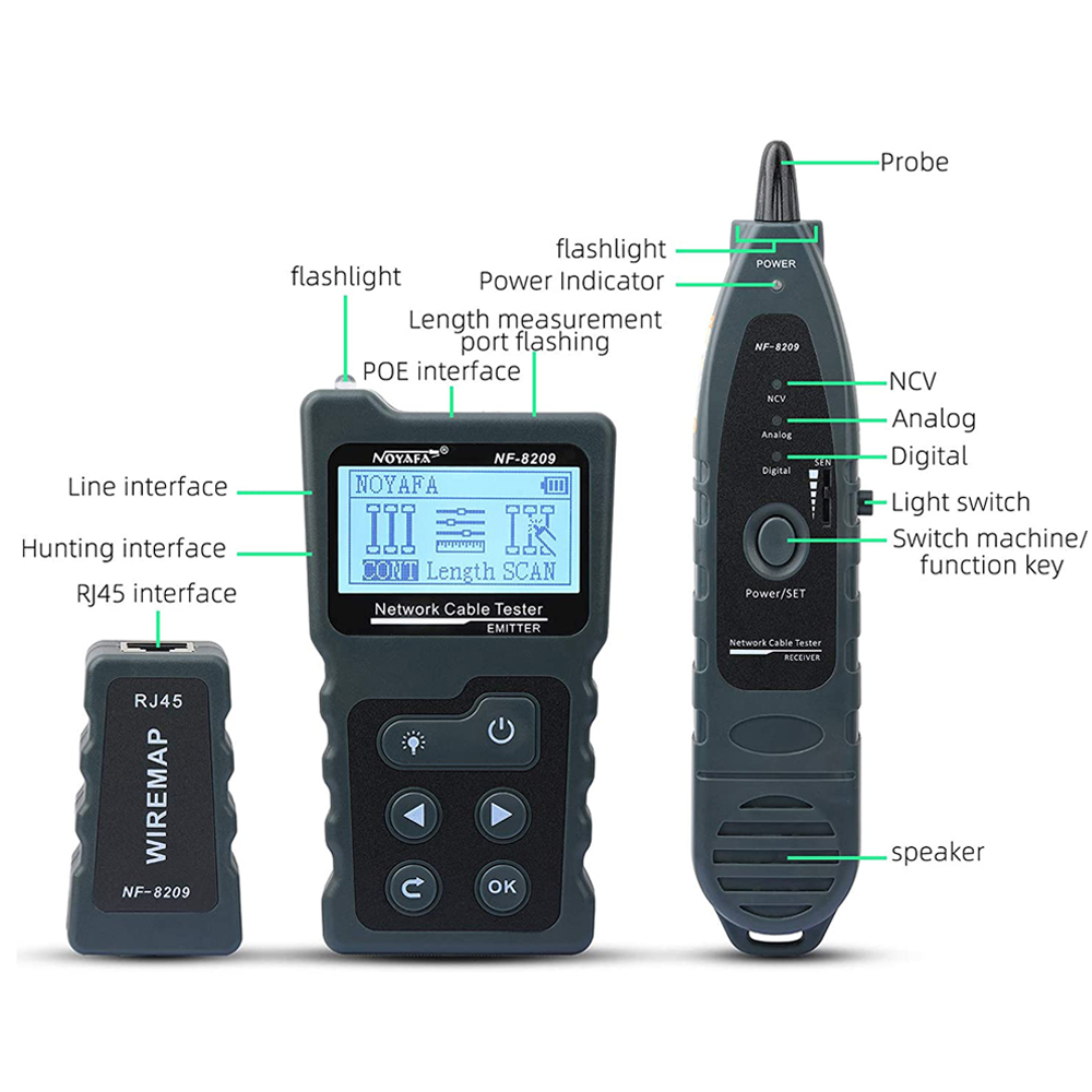 NOYAFA NF- 8209 Network Cable Tracker Cat5 Cat6 PoE Tester Detect Voltage Measure Fault Distance Cable Tester with NCV Lamp. 