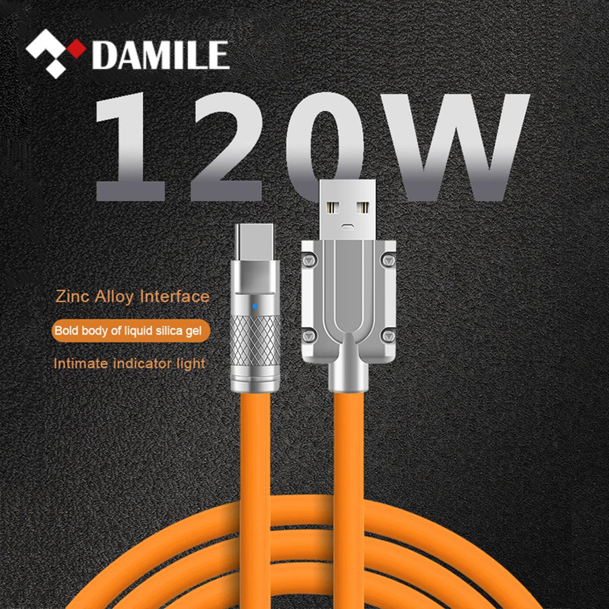 [Lightning for ip]DAMILE 120W 6A Super Fast Charge Liquid Silicone Cable Type-C Charger Data Cable For Xiaomi Huawei Samsung Zinc ip USB Bold Data Line 1.5m